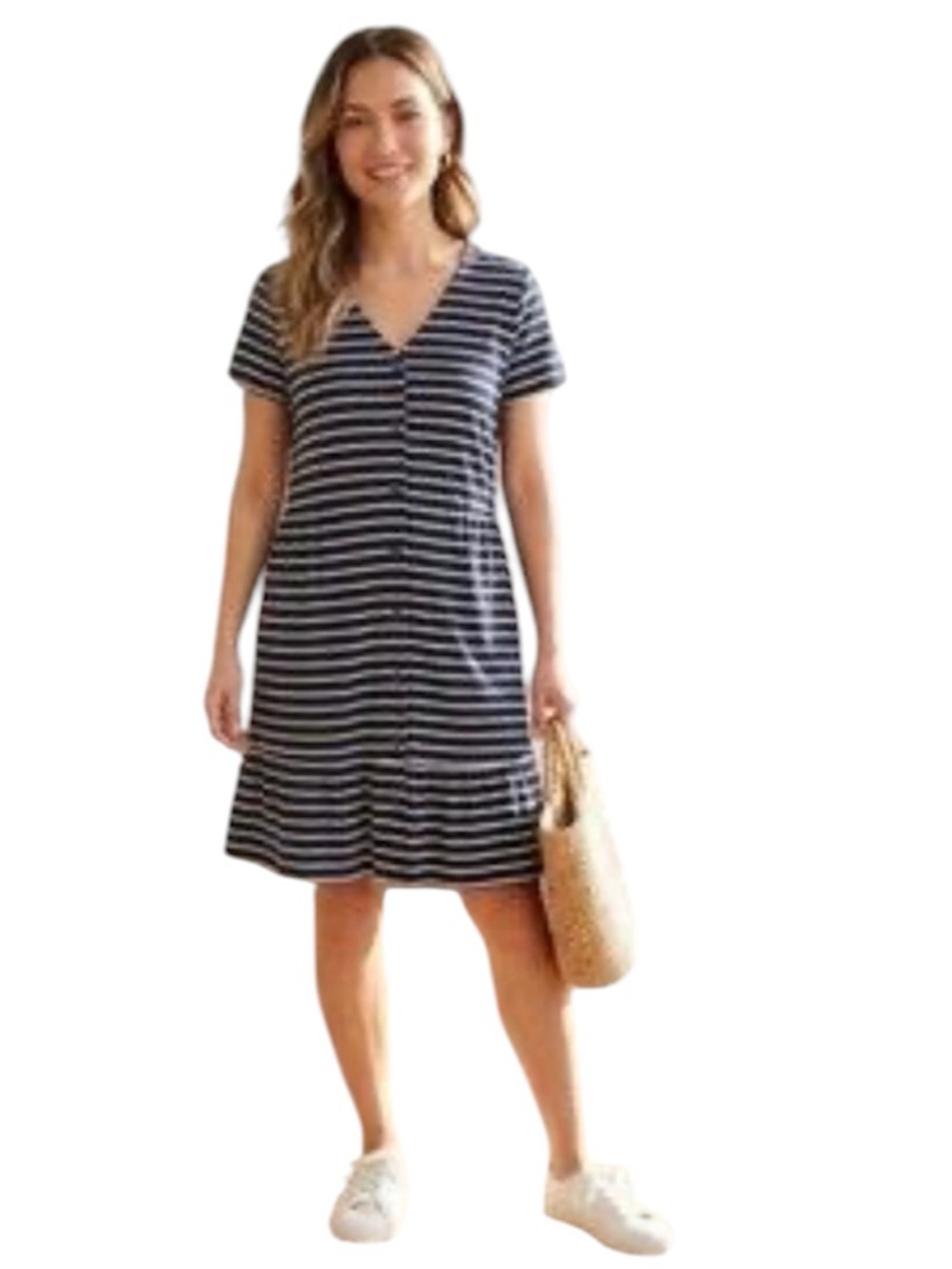 J. Jill Navy Blue White Midi Length Shift Dress Buttons V-Neck Short Sleeve 2X